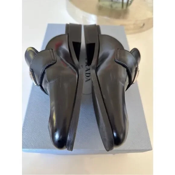 Prada Black Square Toe Leather Logo Slip-On Mules EU 36.5 US 6.5 Authentic - Picture 3 of 10
